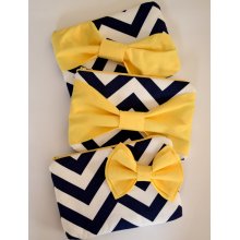 Set of 6 Bridesmaids Clutch Bridesmaid Pouch Bridal Clutch Bridal Accessories Cosmetic Case Zippered Navy & White Chevron with Yellow Bow