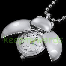 Silver Beetle Ladybug Wing Open Necklace Chain Clock Pendant Watch +gift Box
