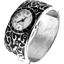 Silver Black Engraved Round White Face Wide Bangle Bracelet Watch Usa Seller