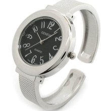 Silver Black Geneva Mesh Style Band Large Dial Women's Bangle Cuff Watch