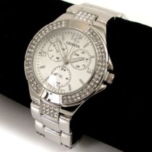 Silver Bracelet 3d Geneva Designer Style Crystal Bezel Women's Watch