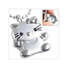 Silver kitty kitty head shaped quartz watch with neck chain