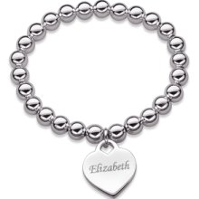 Silver Plated Stretch Bead Bracelet with Engraved Name Heart Charm