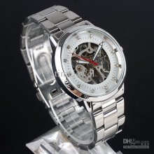 Silver Tone Cool Skeleton Dial Men's Mechanical Wristwatch Hand-wind