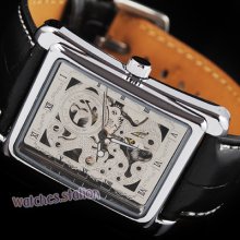 Silvery Hollow Rectangle Steel Case Mens Automatic Mechanical Watch Black Band