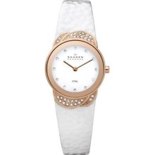 Skagen Denmark 818srlw White Leather Strap With Swarovski Elements Ladies Watch