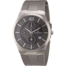 Skagen Denmark Mens Carbon Fiber Dial Chronograph Titanium Mesh Bracelet Watch