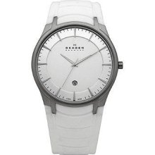 Skagen Denmark Mens Silver Dial Date Window Stainless Steel Case White Watch