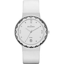 Skagen Denmark Women's White Leather with Faceted Glass Bezel Watch