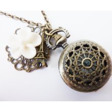 Spring in Paris - vintage bronze necklace with watch and Eiffeltower, pocketwatch,vintage style,romantic steampunk jewelry