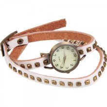 Square Studs Cow Leather Arabic Numbers Dial Bracelet Bangle Wrist Watch White - White - White Gold - 3