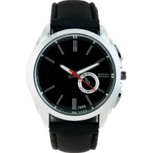 Stainless Steel Round Dial Leather Band Wrist Watch - Metal - Black