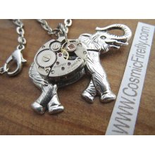 Steampunk Elephant Necklace Small Vintage Watch Movement Pendant Silver Plated Handcrafted Jewelry
