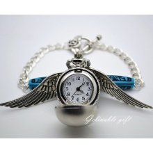 Steampunk Harry Potter Charm Bracelet,pocket watch bracelet ,antique silver golden snitch with sided wings charms bracelet BHPW02