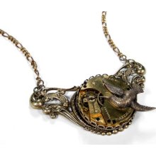 Steampunk Jewelry Necklace Vintage Gold Pocket Watch on VICTORIAN Plaque Brass Bird Wedding STUNNING - Steampunk Jewelry by edmdesigns