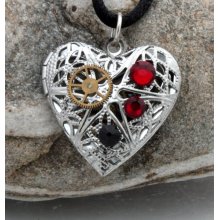 Steampunk locket silver plated filigree heart with red and black Swarovski crystals and vintage watch parts- Unique