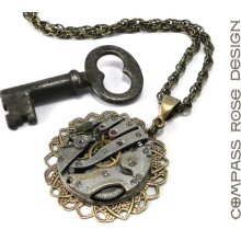 Steampunk Necklace - Antique Swiss Watch Movement - 15 Jewels - Brass Lace Pendant