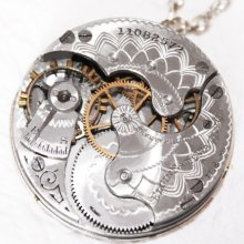 Steampunk Necklace - Captivating 107 yrs old GUILLOCHE ETCHED ELGIN Antique Pocket Watch Movement Silver Men Steampunk Necklace - Gift