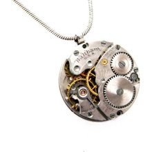 Steampunk Necklace - Circa 1907 Waltham Pocket Watch Movement Etched Seven Jewels - Vintage Sterling Silver Chain - Unisex Design