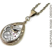 Steampunk Necklace - Petite Watch Movement Teardrop Pendant - Mechanical Watch Movement Necklace in Brass