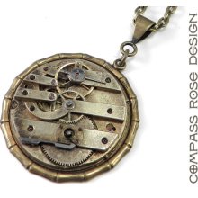 Steampunk Necklace - Vintage Key Wind Pocket Watch Movement Pendant Brass Industrial Pendant