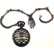 Steampunk Skeleton Pocket Watch Antique Victorian Style Rib Cage Bones and Skull Hand Necklace or Chain fob