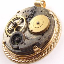 Steampunk Vintage Pocket Watch Gold Plated Pendant by Kay 47x52mm 5445