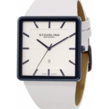 Stuhrling Original 342.33XP2 Mens Classic Saratoga Swiss Quartz Ultra Slim Blue Silver Dial White Leather Strap Watch