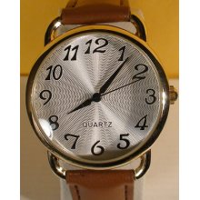 Stylish Gold Tone Quartz Ez Read Faux Leather Brwn Bnd Ladies Watch Works(r1)