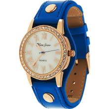 Susan Graver Leather Strap Watch with Mother-of-Pearl Dial - Cobalt Blue - One Size