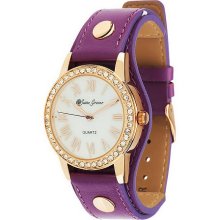 Susan Graver Leather Strap Watch with Mother-of-Pearl Dial - Purple - One Size