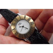 Swiss Time Wristwatch Great White Dial Gold Roman Numeral Bezel Nice