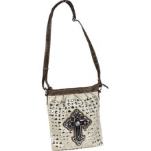 Tan And Brown Cross Body Handbag With Silver Studs And Rhinestone Cross
