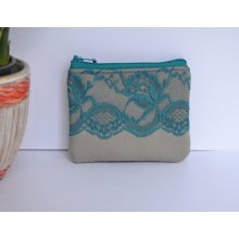 The Allison - floral vintage lace zipper pouch with zipper closure cotton twill and striped denim