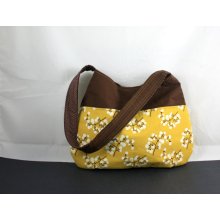 The Millie Bag by Nstarstudio - Hobo Shoulder Sling Bag- Snow Berries Yellow, Brown and White Polka Dot Cotton