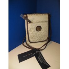 Tommy Hilfiger White Beige Jacquard Flap Cross Body Crossbody Messenger Bag