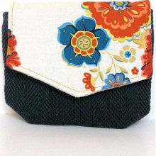 travel clutch // navy blue herringbone canvas - bright floral print cotton // mini clutch - travel bag - wallet