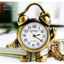 Unique Design Alarm Clock Pocket Watch Chain Men Women Silver Tone F