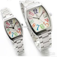 Unisex Fashion Colored Number Men Pair Watches White Dial Stainless