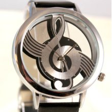 Unisex Music Note Silver Tone Watch With Black Band