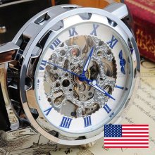 Us Warehouse Blue Fashion Roman Mens Leather Skeleton Mechanical Sport Watch