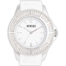 VERSUS by Versace 'Tokyo' Crystal Bezel Rubber Strap Watch, 42mm White/ Silver