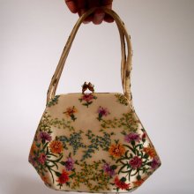 Vintage 1950s handbag by Waldybag with hand painted floral design on white silk, made in Britain