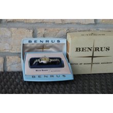 Vintage Benrus Ladies Waterproof Windup Watch and Blue Art Deco Plastic Box or Case Stretch Wristband Works Gruen Woman Wind Up