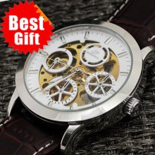 Vintage Cool Skeleton Men's Automatic Mechanical Wrist Watch Leather Clock Dial