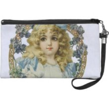 Vintage Girl with Beautiful Flowers and Bow Wristlet Purse