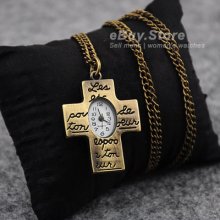 Vintage Jesus Cross Brass Quartz Pendant Pocket Watch Necklace Chain Steampunk