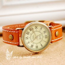 Vintage Old Style Round Roma Number Dial Quartz Women's Leather Band Watch
