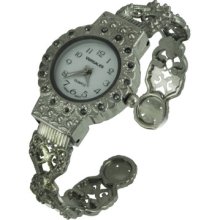 Vintage Silver Filigree Marcasite Crystal Bezel Cuff Bracelet Watch