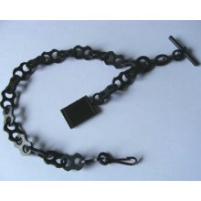 Vintage Victorian 1870s Carved Whitby Jet Pocket Watch Chain With Book As Fob.